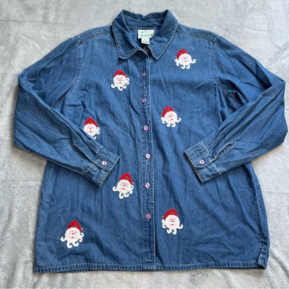 Quacker Factory Shirt XL Womens Christmas Santa Holiday Appliqué Beaded Denim